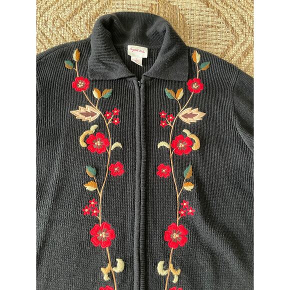 VTG> Crystal -Kobe Zipper front Cardigan Sweater floral Embroidery SZ L - Picture 3 of 8
